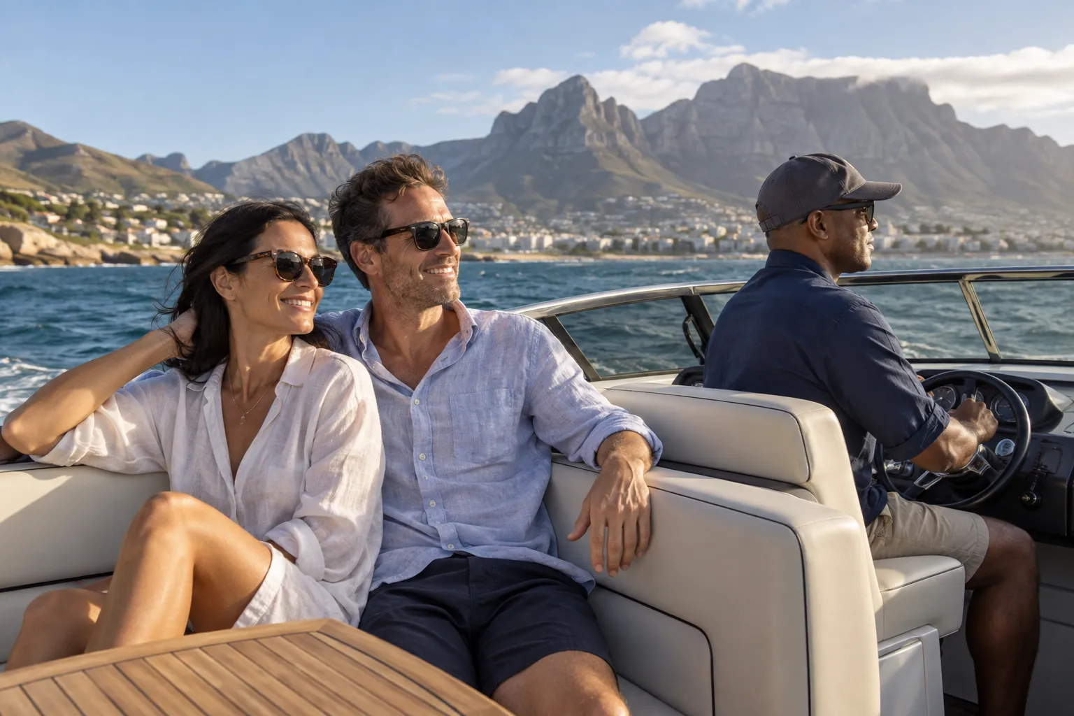 Adults enjoying a relaxed day together on a motorboat off Cape Town